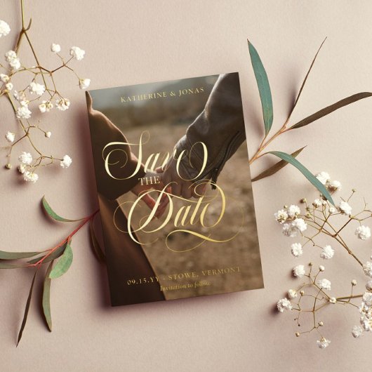 Wirbles Gold-Kalligrafie-Foto Save the Date Folieneinladung