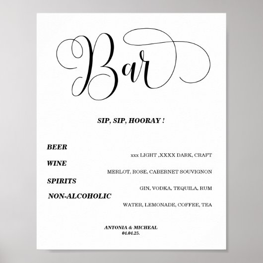 Wirbles Open Bar Menu Hochzeitszeichen Poster (Vorne)