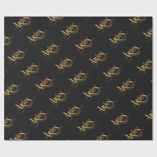 Wirbles Script Zodiac Sign Aries Gold auf Schwarz Geschenkpapier (Flach)