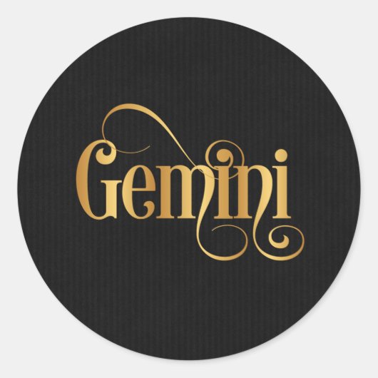 Wirbles Script Zodiac Sign Gemini Gold auf schwarz Runder Aufkleber (Vorderseite)