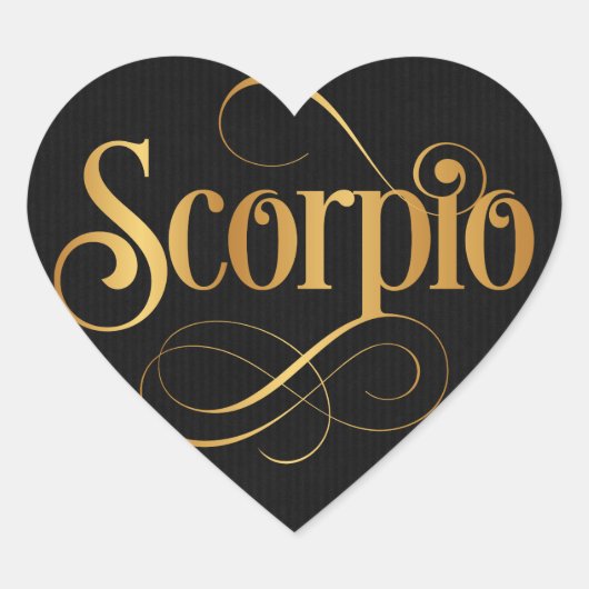 Wirbles Script Zodiac Sign Scorpio Gold auf schwar Herz-Aufkleber (Vorderseite)