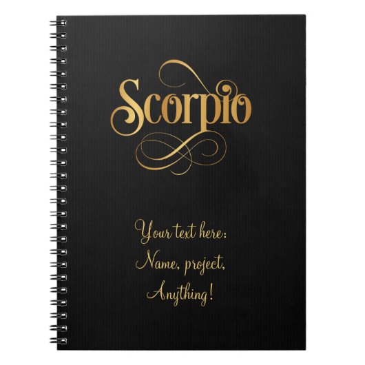 Wirbles Script Zodiac Sign Scorpio Gold auf schwar Notizblock (Vorderseite)