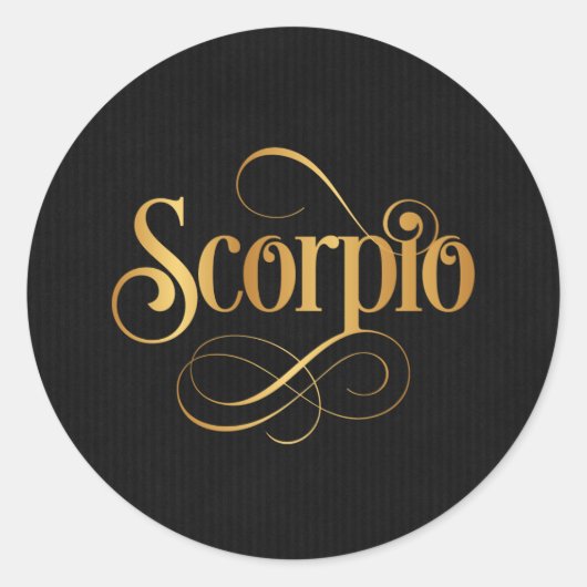 Wirbles Script Zodiac Sign Scorpio Gold auf schwar Runder Aufkleber (Vorderseite)