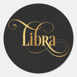 Wirbles Script Zodiac Signa Libra Gold auf schwarz Runder Aufkleber