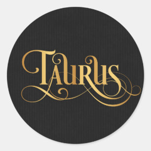 Wirbles Script Zodiac Signing Taurus Gold auf schw Runder Aufkleber