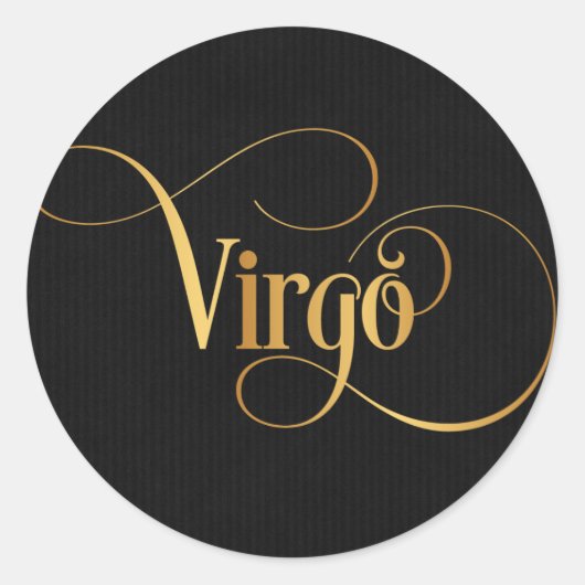 Wirbles Skript Zodiac Sign Virgo Gold auf schwarz Runder Aufkleber (Vorderseite)