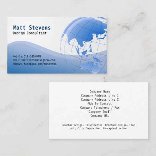 Wire Blue Globe Asia Australia Business Card Visitenkarte (Vorne/Hinten)