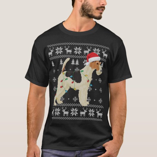 Wire Fox Terrier Christmas Ugly Lights Weihnachtsm T-Shirt (Vorderseite)