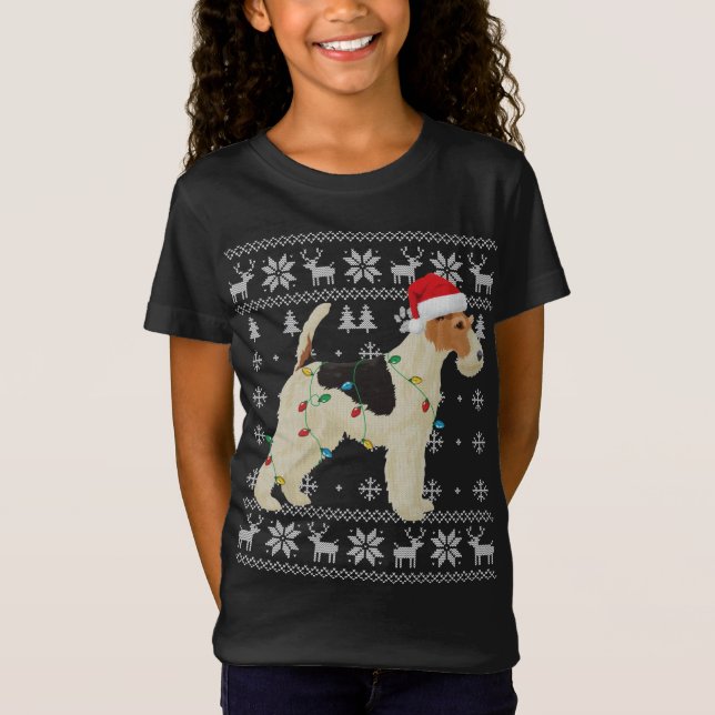Wire Fox Terrier Christmas Ugly Lights Weihnachtsm T-Shirt (Vorderseite)