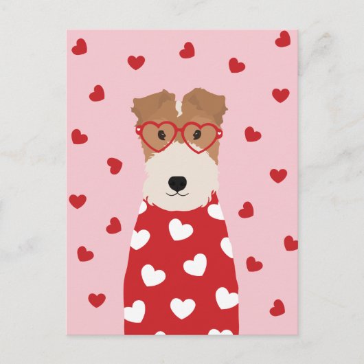 Wire Fox Terrier Hund Herz Brille Rosa Postkarte (Vorderseite)
