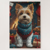 Wire Fox Terrier Hund mit Weihnachtsgeschenk Kamin Puzzle (Vertikal)