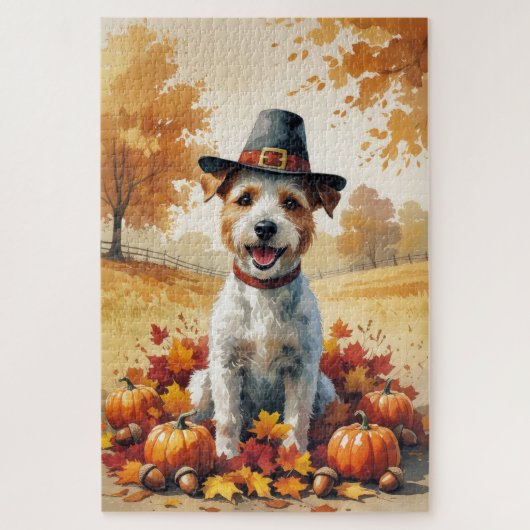 Wire Fox Terrier im Herbst hinterlässt Erntedank K Puzzle (Vertikal)