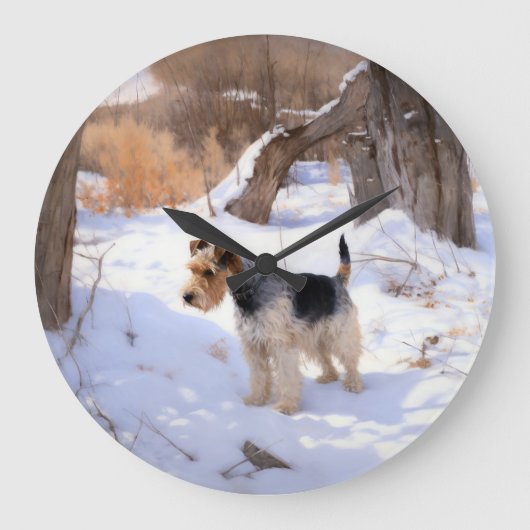 Wire Fox Terrier lässt es Weihnachten schnee Große Wanduhr (Vorderseite)