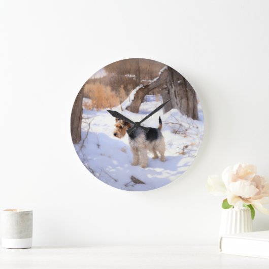 Wire Fox Terrier lässt es Weihnachten schnee Große Wanduhr (Zuhause)