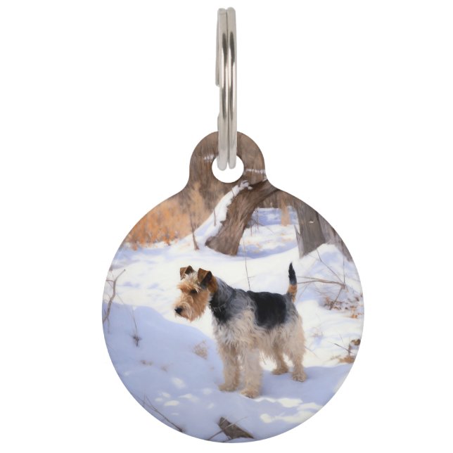Wire Fox Terrier lässt es Weihnachten schnee Haustiermarke (Vorderseite)