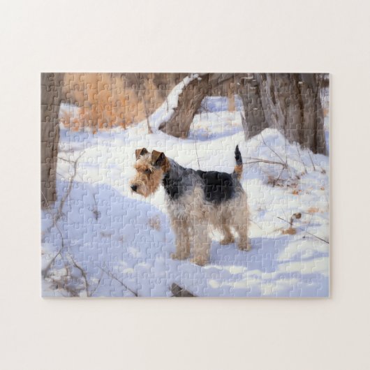 Wire Fox Terrier lässt es Weihnachten schnee Puzzle (Horizontal)