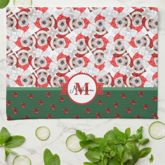 Wire Fox Terrier Muster Monogram Christmas Dog Geschirrtuch (Gefaltet)