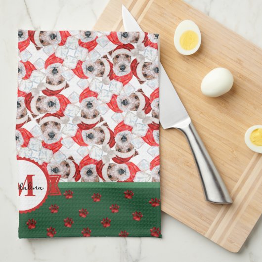 Wire Fox Terrier Muster Monogram Christmas Dog Geschirrtuch (Viertel Falte)