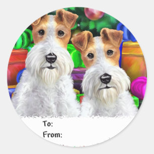 Wire Fox Terrier Open Geschenke Weihnachten Runder Aufkleber