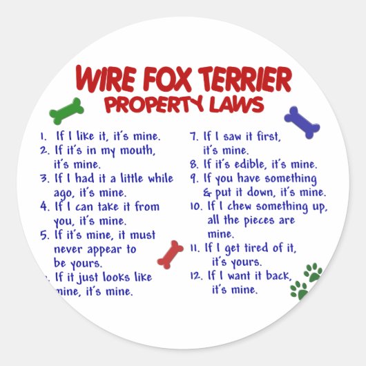 WIRE FOX TERRIER Property Laws 2 Runder Aufkleber (Vorderseite)