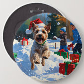 Wire Fox Terrier Running Snow mit Weihnachtshut Button (Vorne & Hinten)