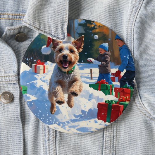 Wire Fox Terrier Running Snow mit Weihnachtshut Button (Beispiel)