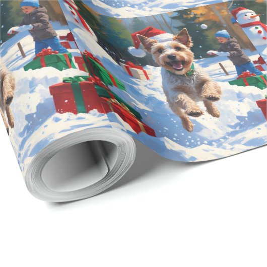 Wire Fox Terrier Running Snow mit Weihnachtshut Geschenkpapier (Rolleneckpunkt)