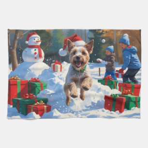 Wire Fox Terrier Running Snow mit Weihnachtshut Geschirrtuch