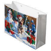 Wire Fox Terrier Running Snow mit Weihnachtshut Große Geschenktüte