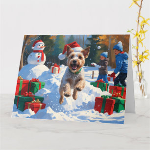 Wire Fox Terrier Running Snow mit Weihnachtshut Karte