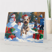 Wire Fox Terrier Running Snow mit Weihnachtshut Karte (Vorderseite)
