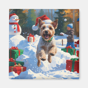 Wire Fox Terrier Running Snow mit Weihnachtshut Magnet