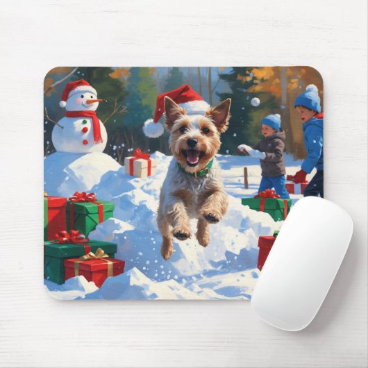 Wire Fox Terrier Running Snow mit Weihnachtshut Mousepad (Mit Mouse)