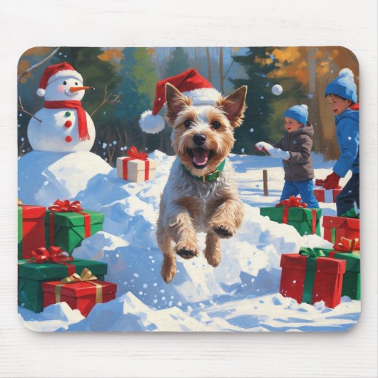 Wire Fox Terrier Running Snow mit Weihnachtshut Mousepad (Vorne)