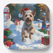 Wire Fox Terrier Running Snow mit Weihnachtshut Pappteller (Vorderseite)