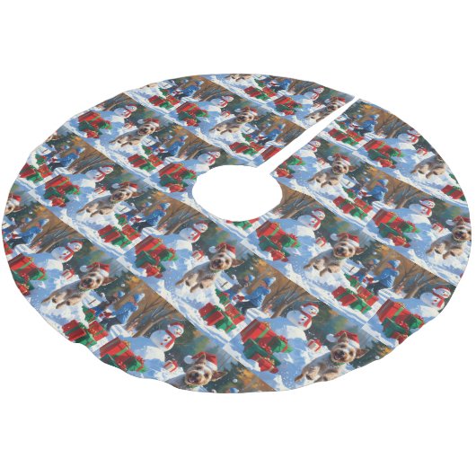 Wire Fox Terrier Running Snow mit Weihnachtshut Polyester Weihnachtsbaumdecke (Schrägansicht)