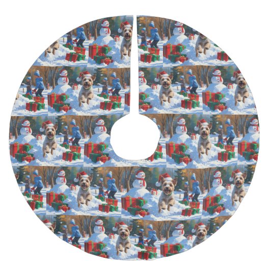 Wire Fox Terrier Running Snow mit Weihnachtshut Polyester Weihnachtsbaumdecke (Vorderseite)