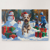 Wire Fox Terrier Running Snow mit Weihnachtshut Puzzle (Horizontal)