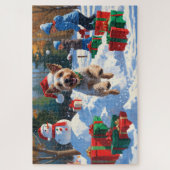 Wire Fox Terrier Running Snow mit Weihnachtshut Puzzle (Vertikal)