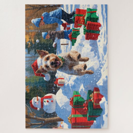 Wire Fox Terrier Running Snow mit Weihnachtshut Puzzle (Vertikal)