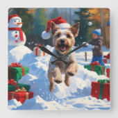 Wire Fox Terrier Running Snow mit Weihnachtshut Quadratische Wanduhr (Vorderseite)