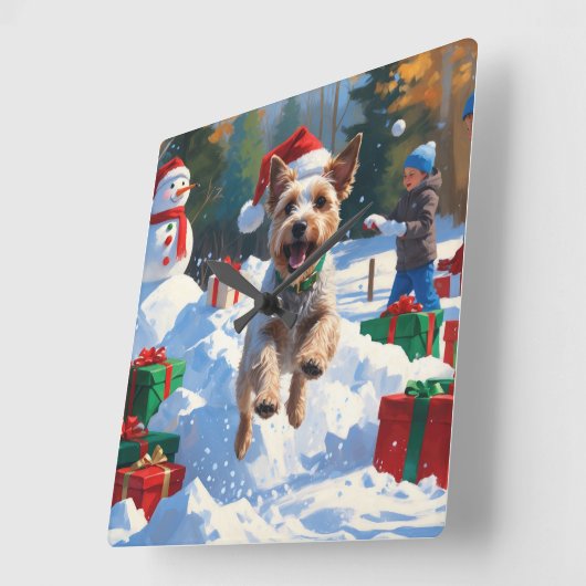 Wire Fox Terrier Running Snow mit Weihnachtshut Quadratische Wanduhr (Winkel)