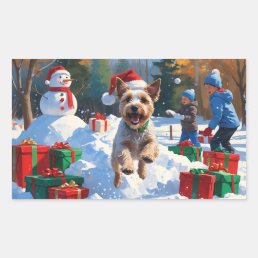 Wire Fox Terrier Running Snow mit Weihnachtshut Rechteckiger Aufkleber (Vorderseite)