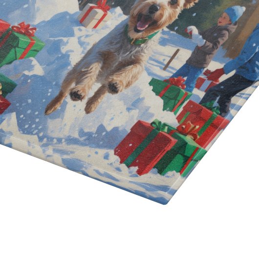 Wire Fox Terrier Running Snow mit Weihnachtshut Schneidebrett (Ecke)