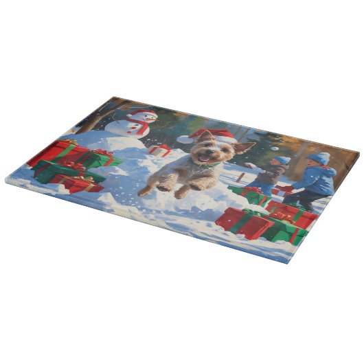 Wire Fox Terrier Running Snow mit Weihnachtshut Schneidebrett (Ecke)