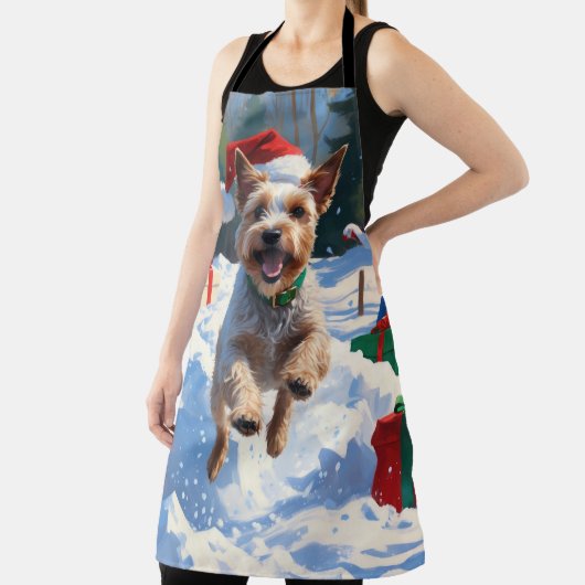 Wire Fox Terrier Running Snow mit Weihnachtshut Schürze (InSitu)
