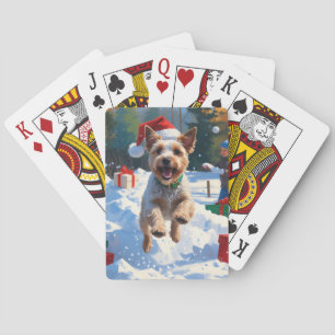 Wire Fox Terrier Running Snow mit Weihnachtshut Spielkarten