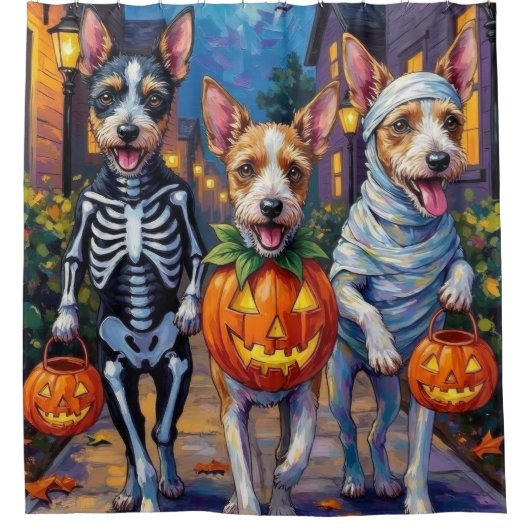 Wire Fox Terrier Trick-or-Treating Halloween Duschvorhang (Vorderseite)