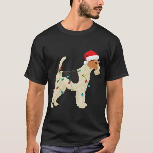 Wire Fox Terrier Weihnachtslicht Weihnachtsmannmüt T-Shirt (Vorderseite)