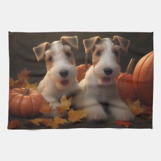 Wire Fox Terrier Welpe Autumn Delight Pumpkin Geschirrtuch (Horizontal)